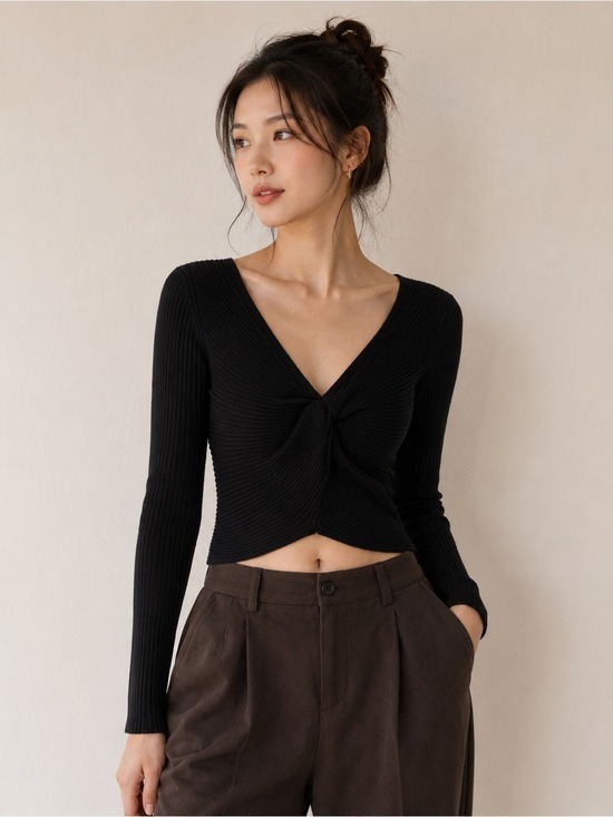 Abercrombie & Fitch Tops - Abercrombie Fitch Black Twist Front Ribbed V Neck Long Sleeve Top